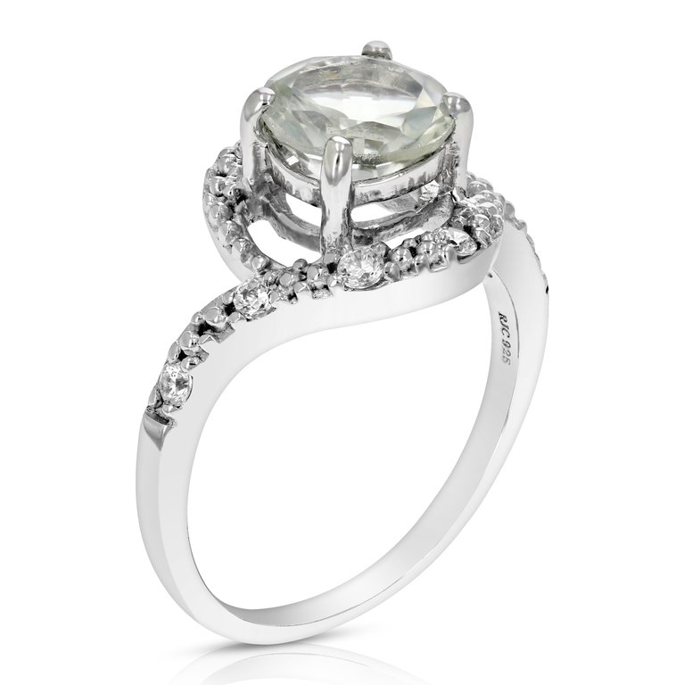 0.80 Cttw Green Amethyst Ring .925 Sterling Silver With Rhodium Round Shape 7 mm - Silver