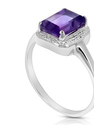 0.90 Cttw Purple Amethyst Ring .925 Sterling Silver With Rhodium Emerald 8 x 6 mm