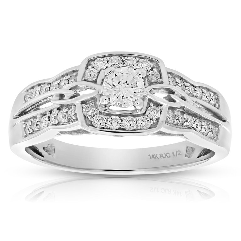 1/2 cttw Diamond Engagement Ring 14K White Gold Cushion Shape Halo Bridal Ring - Silver