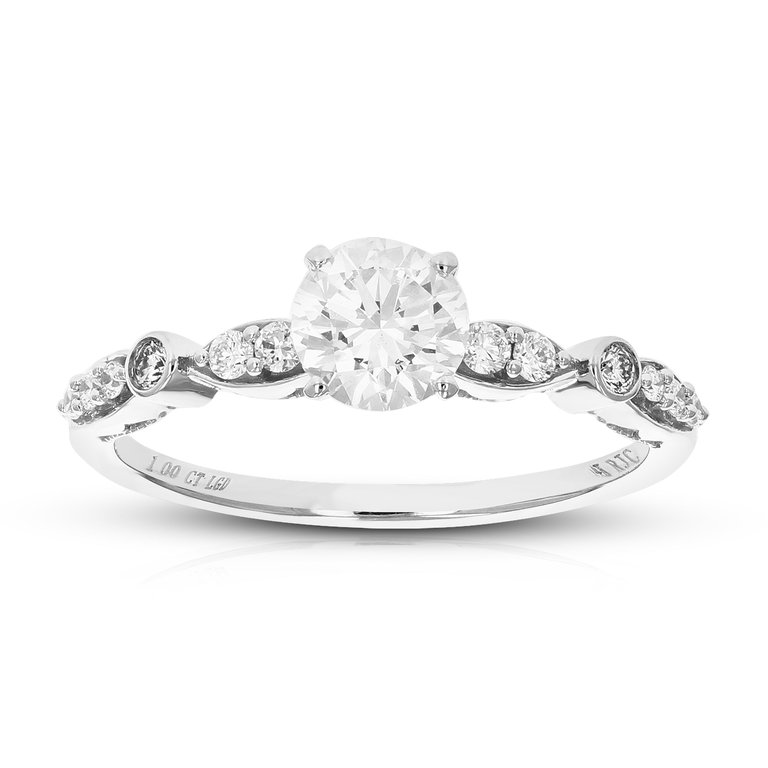 1 Cttw Round Lab Grown Diamond Engagement Ring 13 Stones 14 K White Gold Prong Set 3/4" - Silver
