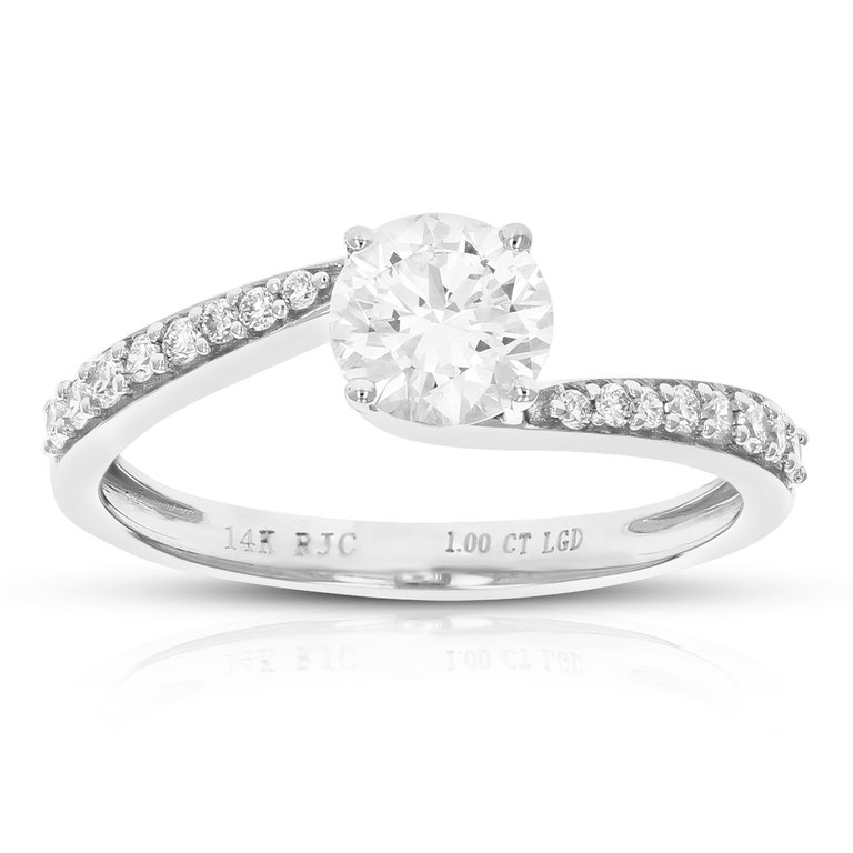 1 Cttw Round Lab Grown Diamond Engagement Ring 17 Stones 14K White Gold Prong Set 3/4 Inch - White Gold