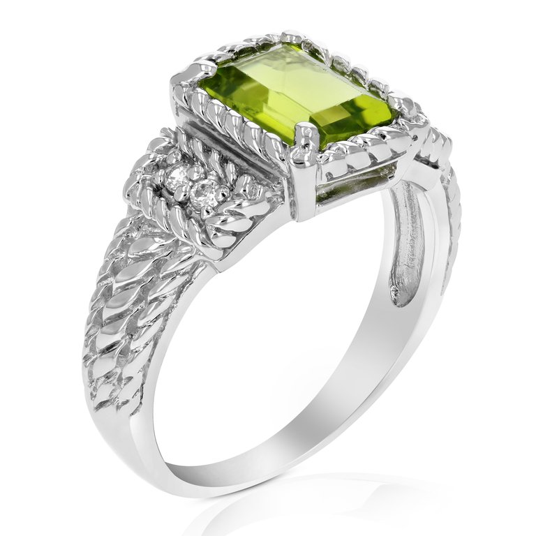 1.10 Cttw Emerald Peridot Ring .925 Sterling Silver With Rhodium Plating 8x6 MM - Silver