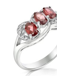 1.20 Cttw 3 Stone Garnet Ring .925 Sterling Silver With Rhodium Oval 6x4 mm - Silver