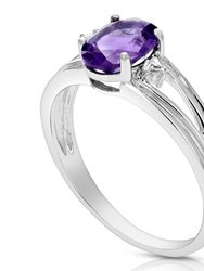 1.20 Cttw Purple Amethyst Ring .925 Sterling Silver With Rhodium Oval 8x6 mm
