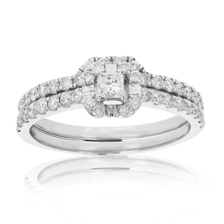 3/4 cttw Diamond Wedding Engagement Ring Set 14K White Gold Princess Bridal - Silver