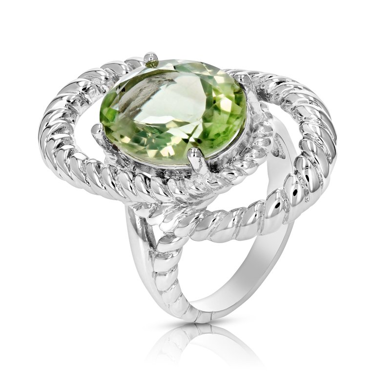 5.50 cttw Green Amethyst Ring Brass With Rhodium Oval Shape Cable 16 mm x12 mm - Rhodium