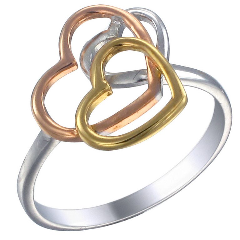 Trio Color Pink And Rose Gold Plated Sterling Silver Fashion Heart Ring 3 Hearts - Silver
