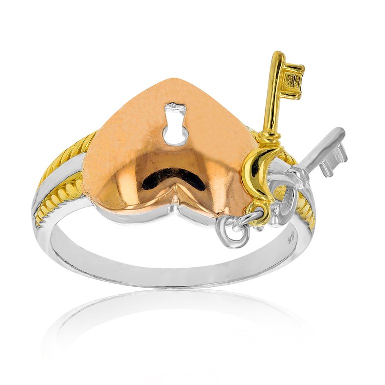 Yellow Gold Plated Over Sterling Silver Fashion Heart With Lock And Key Ring