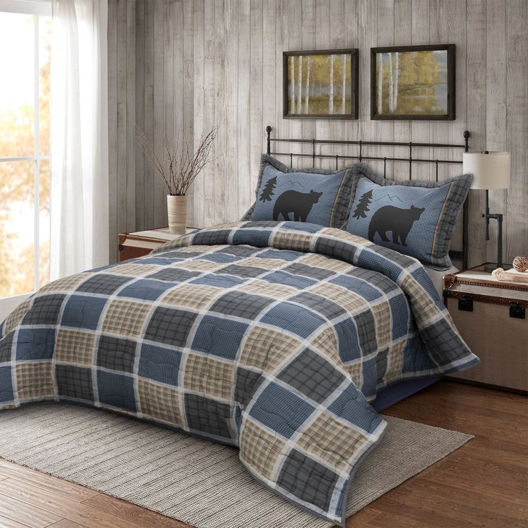 Bear Square Rustic Cabin Bedding, Outdoor Log Themed Quilt Set, Premium Fabric,1 Quilt and 2 Shams for Bedroom, Wildlife Pattern Plaid Bears Quilts - Multi