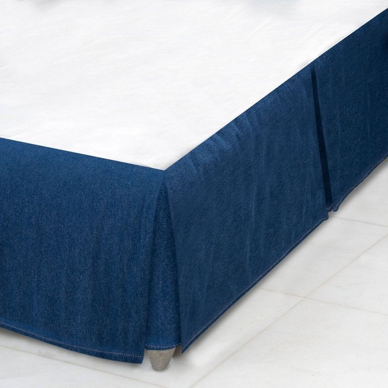 Denim Blue Bed Skirt Full, 14 Inch Tailored Drop Pleated Bed Skirt, Premium Quality Cotton Fabric, 3 - Sided Wrap Around with Easy Fit, Fade Resistant