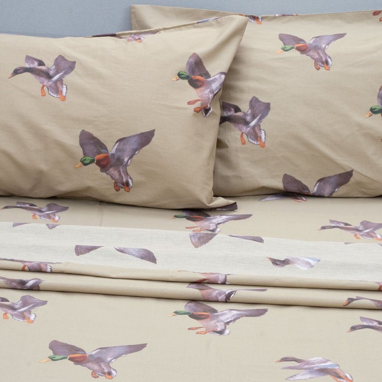 Duck Approach Sheet Set, Printed 4-Piece Bed Sheet, Polycotton Fabric,1 Flat Sheet,1 Fitted Sheet & 2 Standard Pillowcases & (1Pillowcase For Twin)
