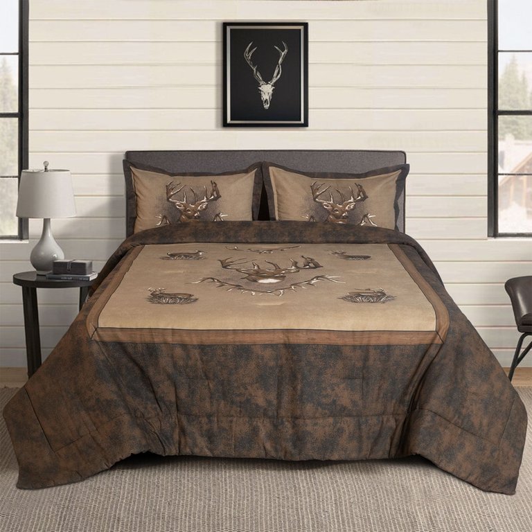 Whitetail Elk Comforter Set - 4 Piece Printed Bedding - Hunting Deer Comforter Set for Bedroom, Hunting & Outdoor & 3 Pieces for Twin - Light Brown