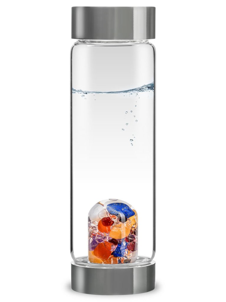 Via Ayurveda Crystal Water Bottle With Milk Opal, Amethyst, Clear Quartz, Lapis Lazuli, Garnet, Carnelian and Orange Calcite