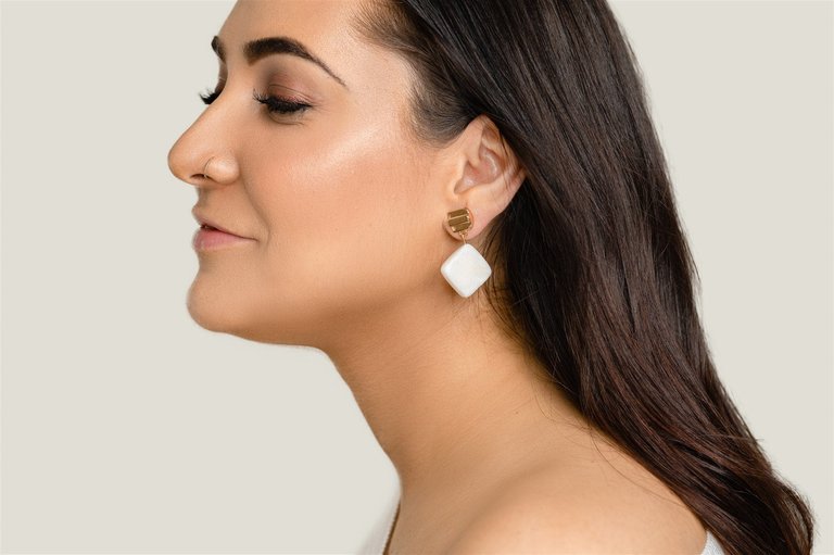 Gold Layered Dome + White Jade Earrings