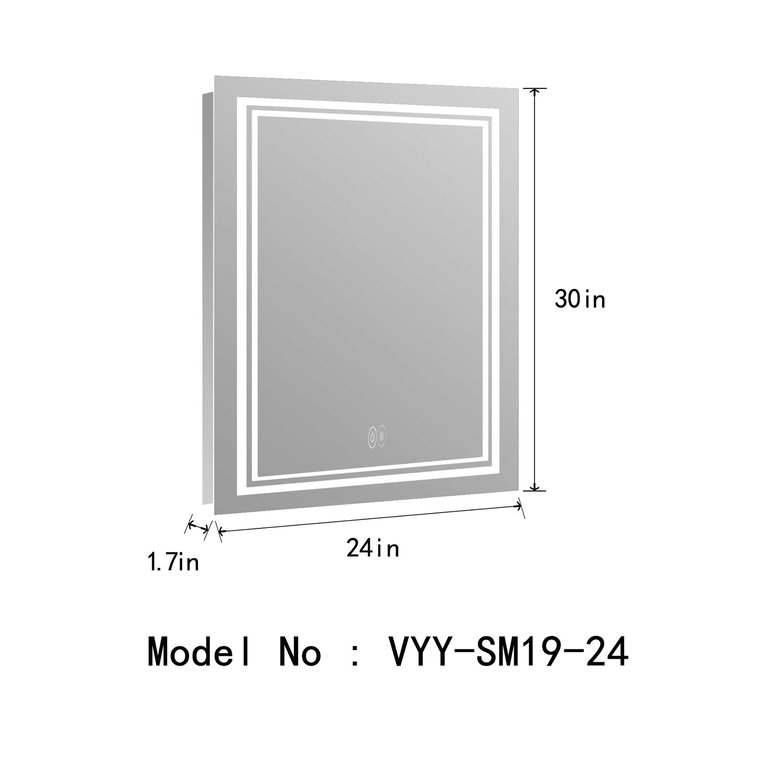 Victoria 24" W x 30". H Rectangular Frameless Anti-Fog Wall Bathroom LED Vanity Mirror in Silver