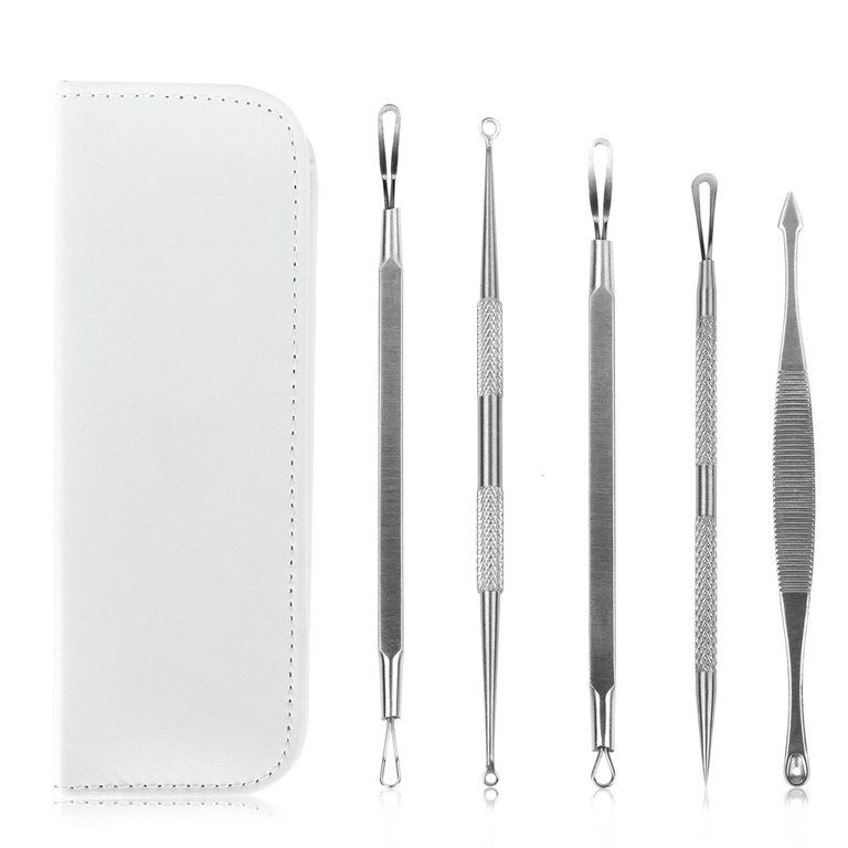 5 Pcs Blackhead Remover Kit Pimple Comedone Extractor Tool Set Stainless Steel Facial Acne Blemish Whitehead Popping Zit Removing For Nose Face Skin - White