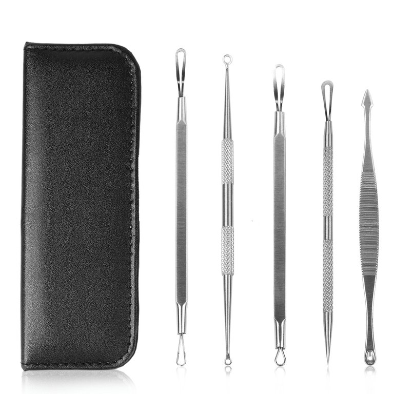 5 Pcs Blackhead Remover Kit Pimple Comedone Extractor Tool Set Stainless Steel Facial Acne Blemish Whitehead Popping Zit Removing For Nose Face Skin - Black