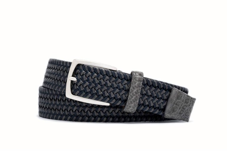 Men's Leather Stretch Belt With Croc Tabs And Silver Buckle In Slate/Silver - Slate/Silver