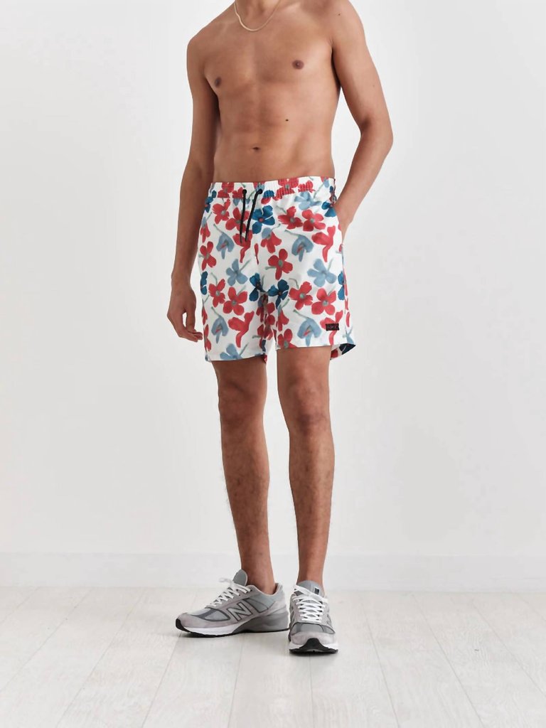 Noden Swim Short In Red Blue Floral Seersucker - Red Blue Floral Seersucker