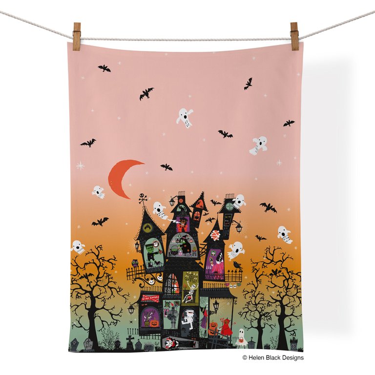 Haunted House 100% Cotton Halloween Tea Towel