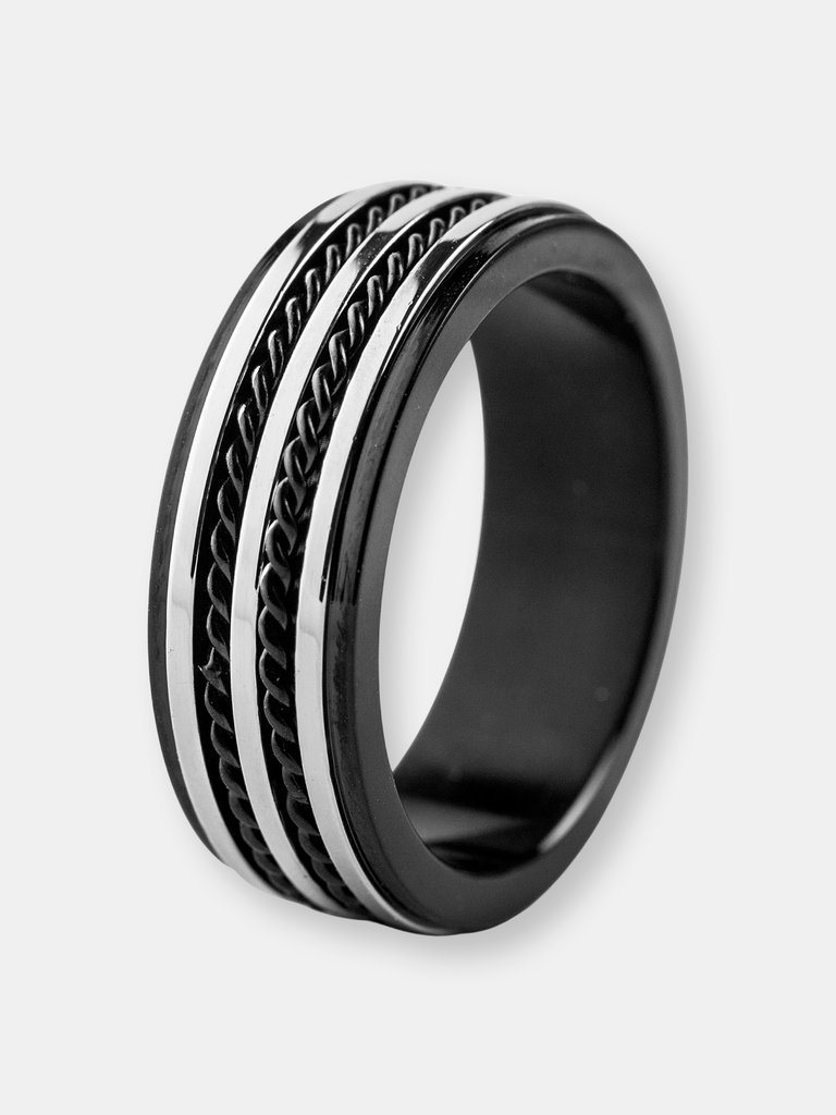 Crucible Men's Stainless Steel Double Twisted Rope Grooved Inlay Ring - Black