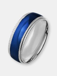 Crucible Men's Two-Tone Stainless Steel High Polished Ridged Edge Blue Center Ring