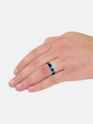 Crucible Men's Two-Tone Stainless Steel High Polished Ridged Edge Blue Center Ring