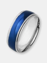 Crucible Men's Two-Tone Stainless Steel High Polished Ridged Edge Blue Center Ring - Blue