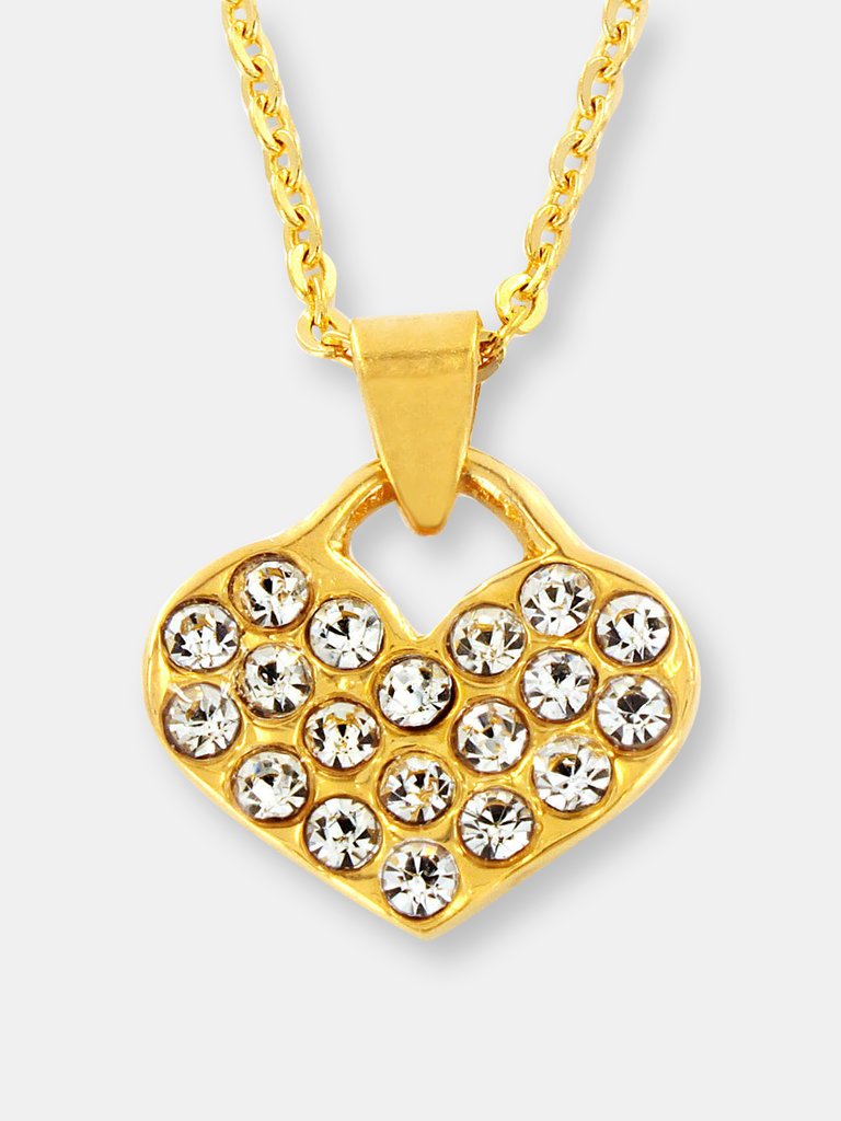 Crystal Pave Heart Pendant Gold Plated Stainless Steel Necklace - 18" - Gold