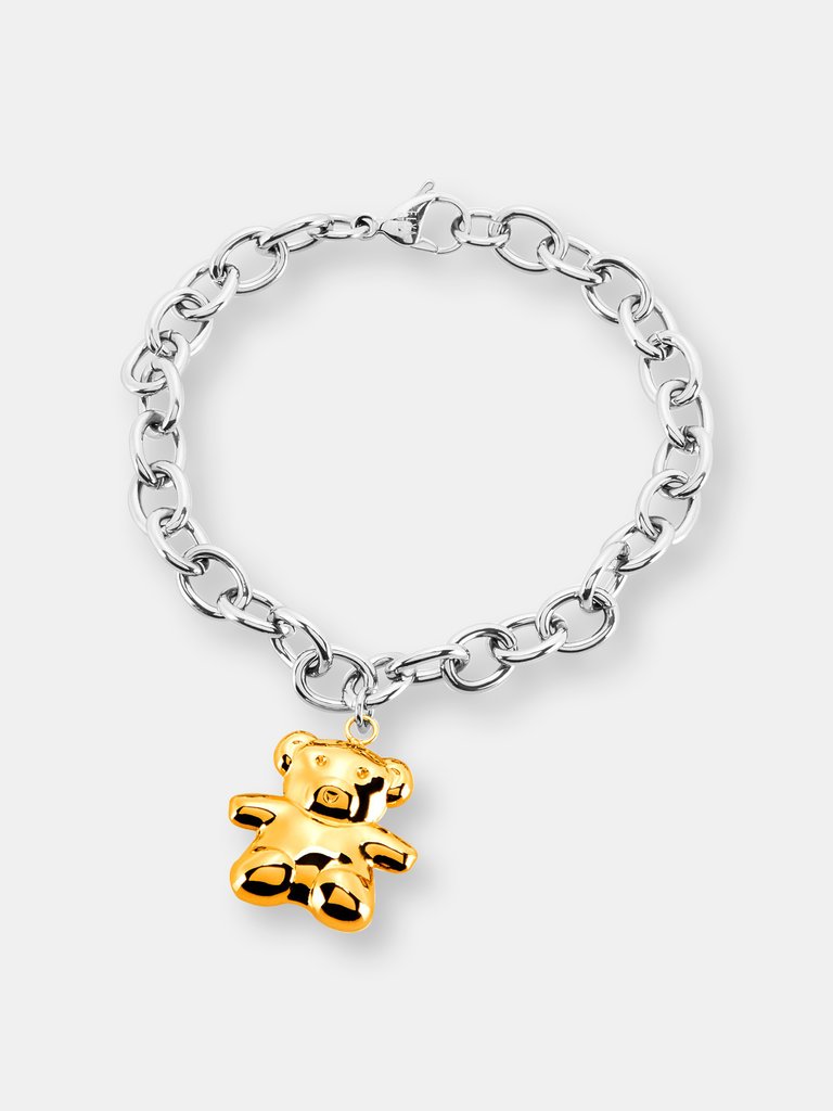 Elya High Polish Bear Charm Stainless Steel Cable Chain Bracelet - 8" - Gold