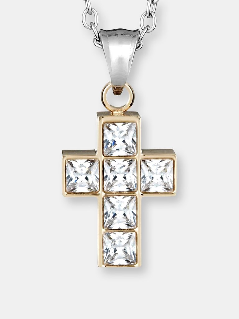 ELYA Polished Cubic Zirconia Inlay Cross Gold Plated Stainless Steel Pendant Necklace - 19" - Gold