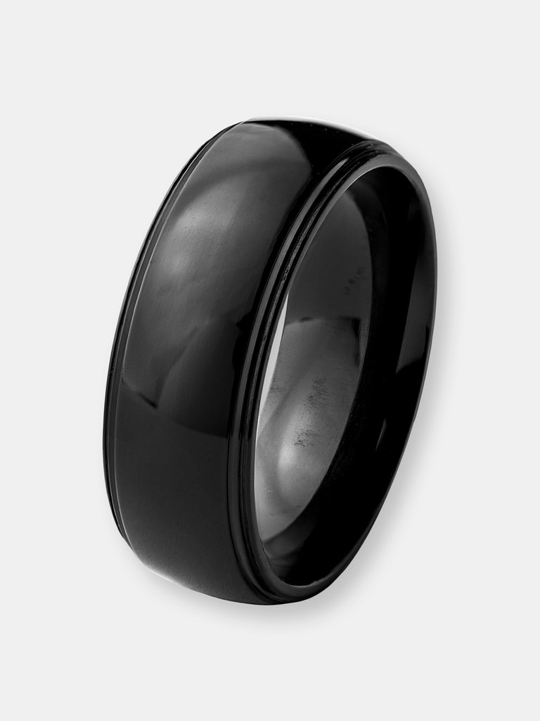 Men's Black Plated Stainless Steel Polished Beveled Edge Ring - Black