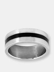 Men's Stainless Steel Brushed Black Striped Grooved Ring