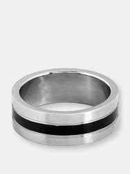 Men's Stainless Steel Brushed Black Striped Grooved Ring