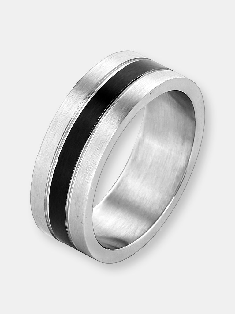 Men's Stainless Steel Brushed Black Striped Grooved Ring - Stainless Steel/Black