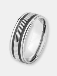 Men's Stainless Steel Polished Black Stripes Diagionally Grooved Ring - Stainless Steel/Black