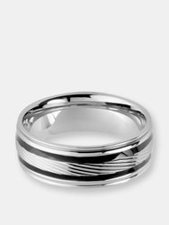 Men's Stainless Steel Polished Black Stripes Diagionally Grooved Ring