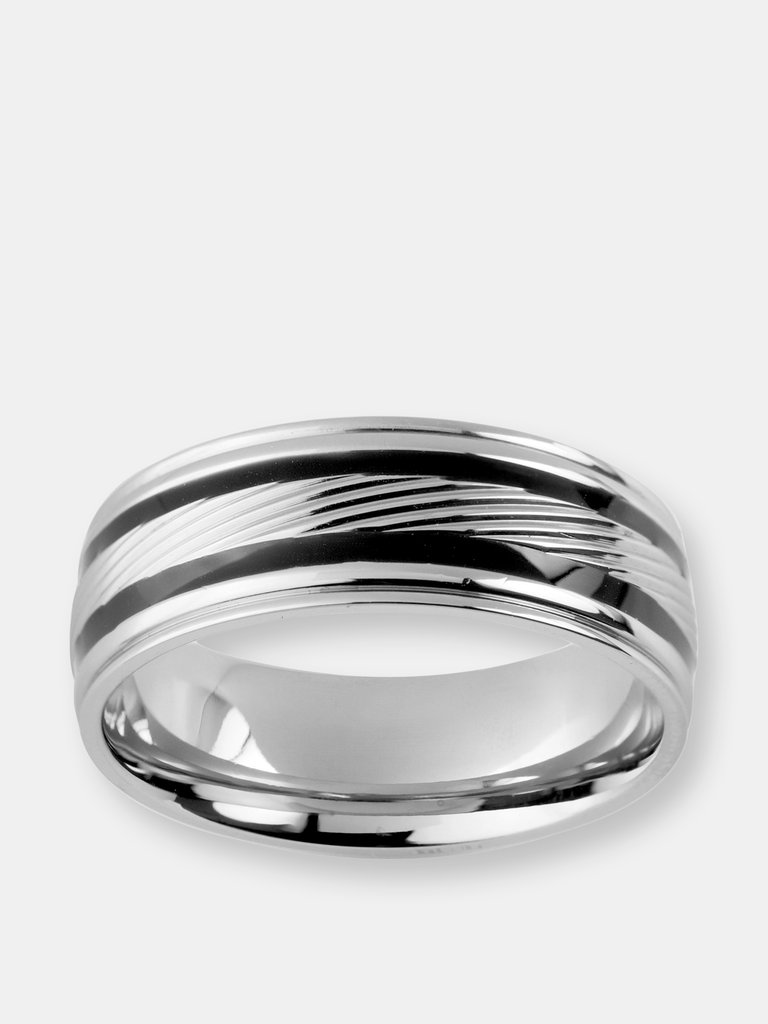 Men's Stainless Steel Polished Black Stripes Diagionally Grooved Ring