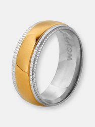 Men's Two-Tone Stainless Steel High Polished Ridged Edge Gold Center Ring - Gold