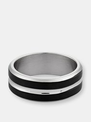 Men's Two-Tone Stainless Steel Polished Black Striped Grooved Ring