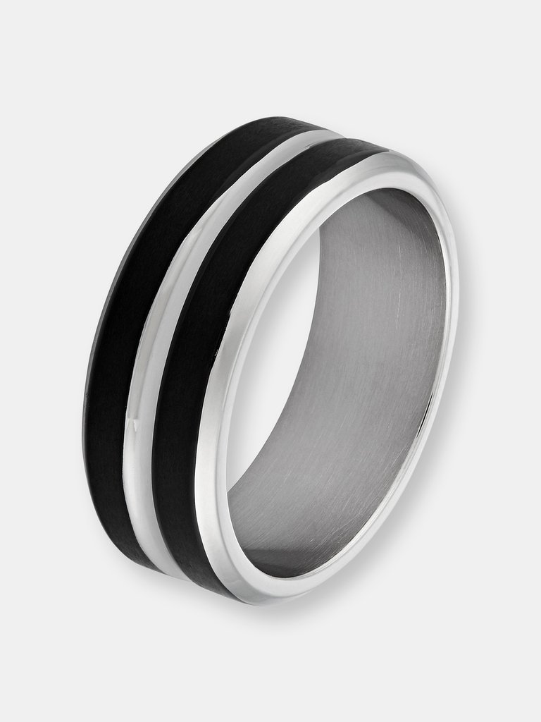 Men's Two-Tone Stainless Steel Polished Black Striped Grooved Ring - Black