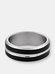 Men's Two-Tone Stainless Steel Polished Black Striped Grooved Ring