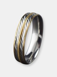 Men's Two-Tone Stainless Steel Polished Diagionally Grooved Gold Milgrain Ring