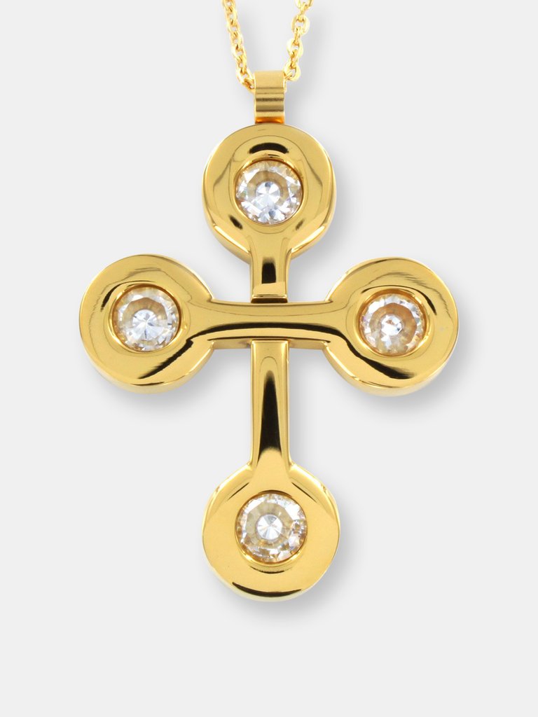 Round Cubic Zirconia Budded Cross Pendant Gold Plated Stainless Steel Necklace - 19" - Gold