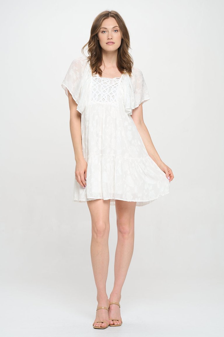 Abigail Crochet Lace Butterfly Sleeve Knee Length Dress - White Floral