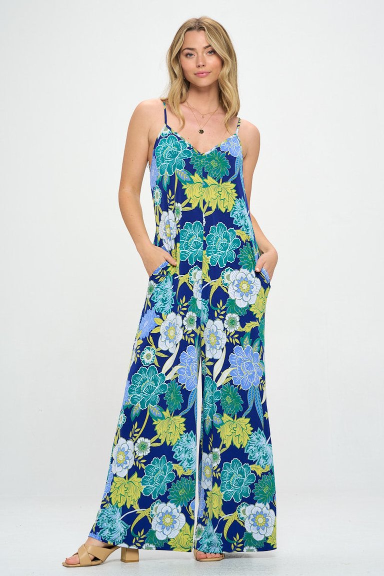 Alaiya Solid Strap Jumpsuit - Cobalt Floral