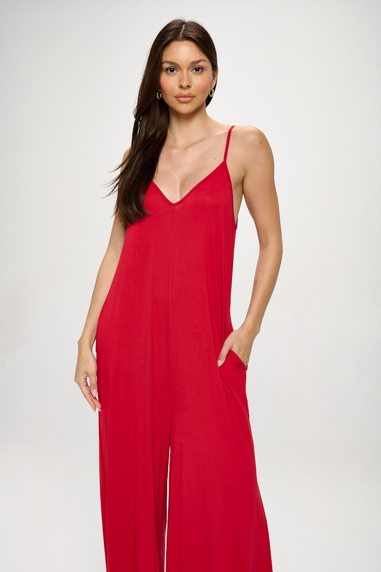 Alaiya Solid Strap Jumpsuit - Red