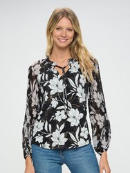 Arianna Sheer Sleeve V-Neck Knit Blouse - Black White Floral