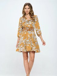 Bea Printed Long Sleeve Dress - Gold Floral Print