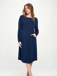 Charlee Long Sleeve A-line Knit Dress with Pockets - Dark Navy